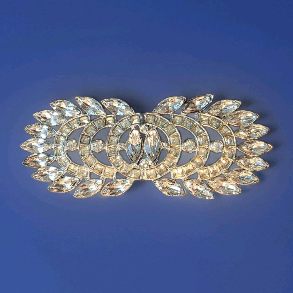 Vintage Art Deco Revival Clear Rhinestone Brooch Large 4" Statement Crystal Pin